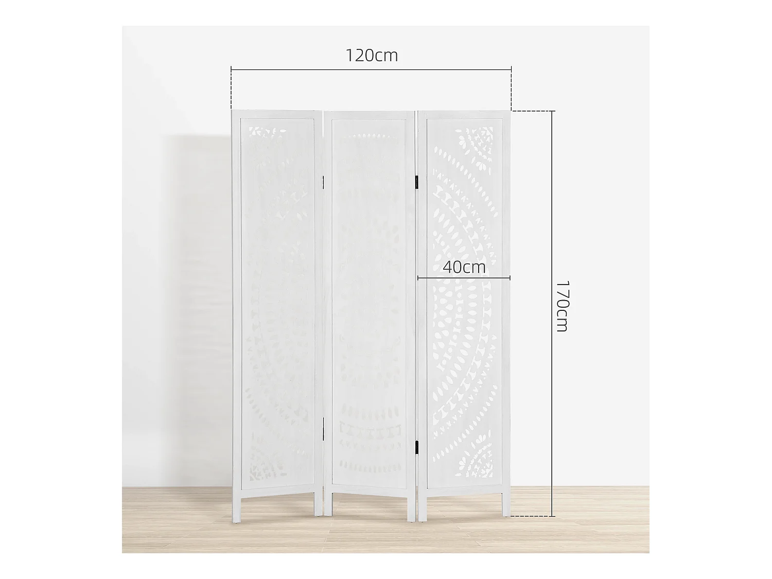 Paravento da interni pieghevole a 3 pannelli in legno bianco