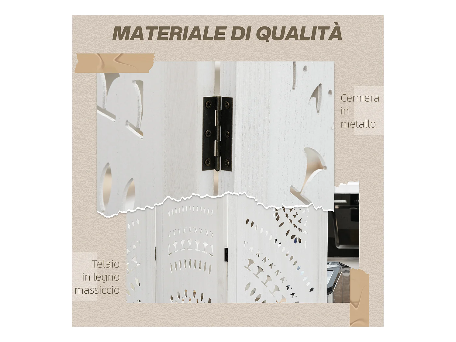 Paravento da interni pieghevole a 3 pannelli in legno bianco