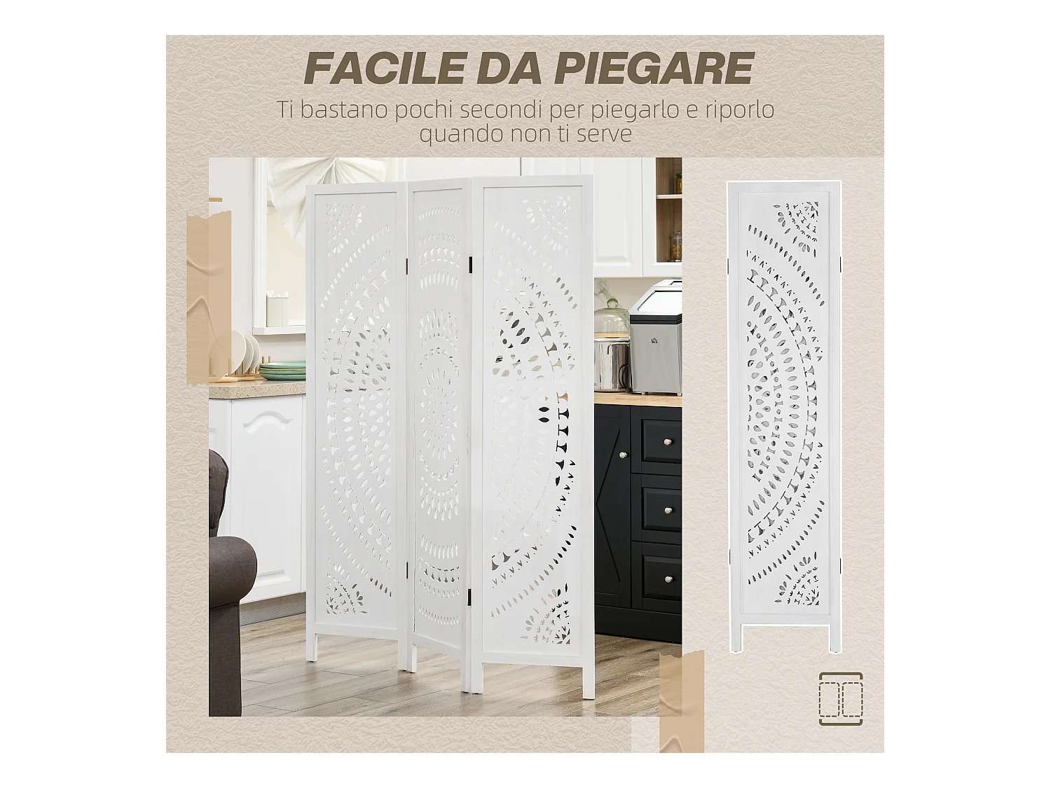Paravento da interni pieghevole a 3 pannelli in legno bianco