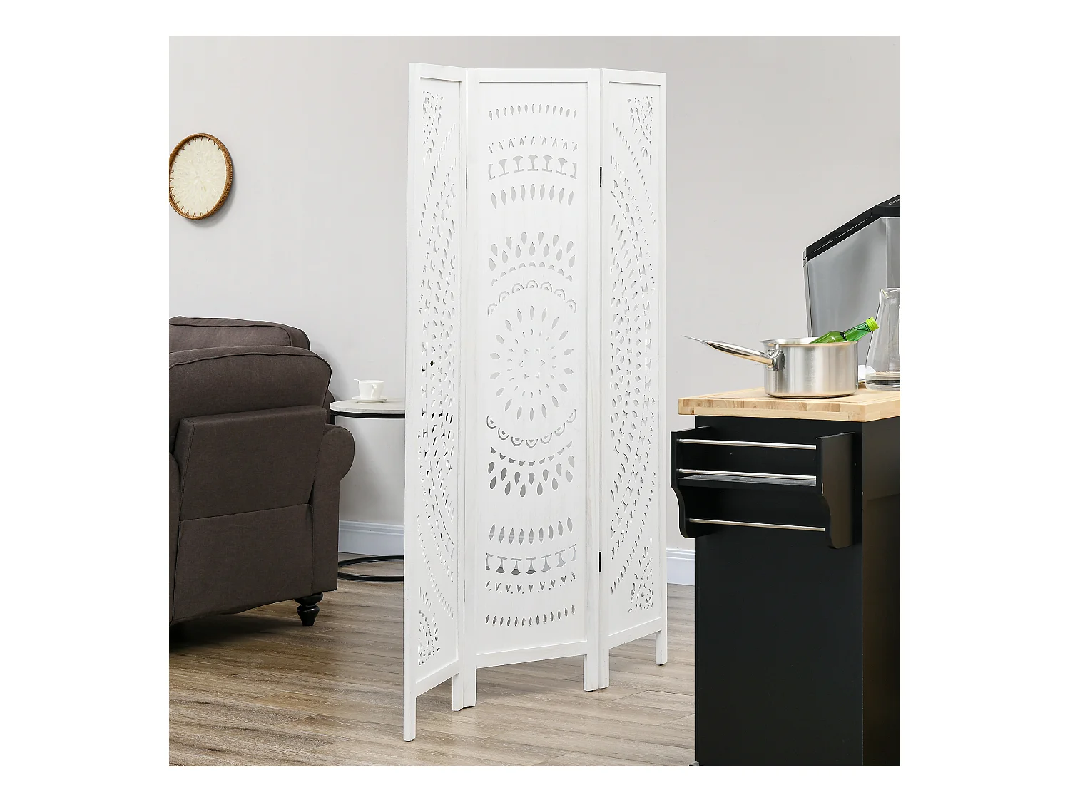 Paravento da interni pieghevole a 3 pannelli in legno bianco