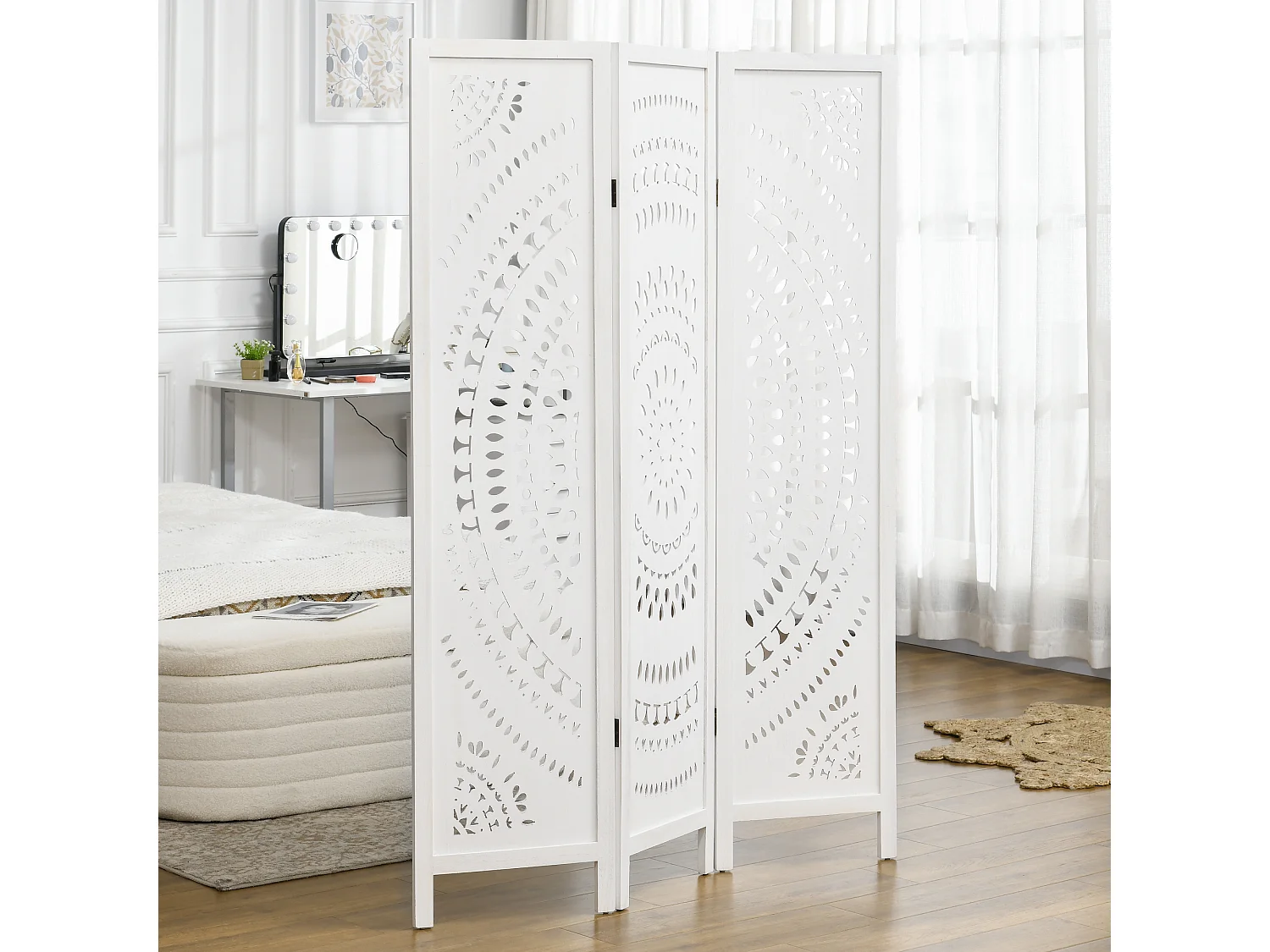 Paravento da interni pieghevole a 3 pannelli in legno bianco
