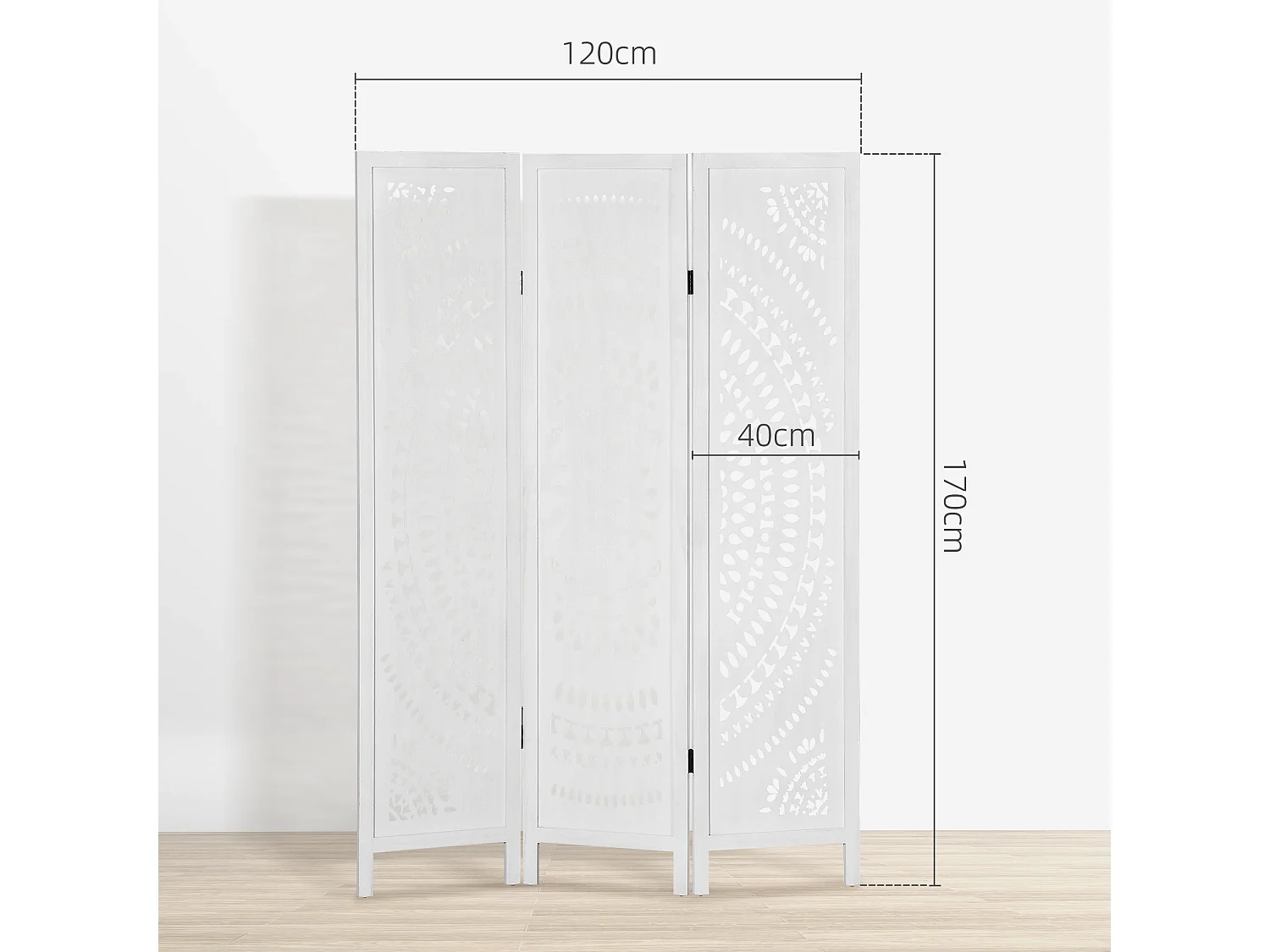 Paravento da interni pieghevole a 3 pannelli in legno bianco