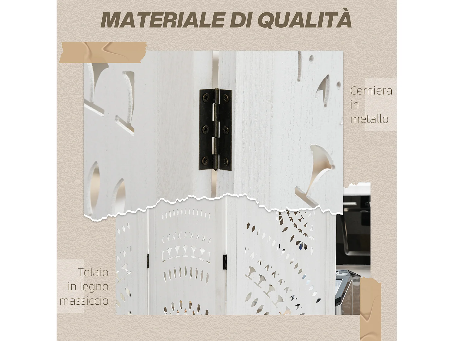 Paravento da interni pieghevole a 3 pannelli in legno bianco