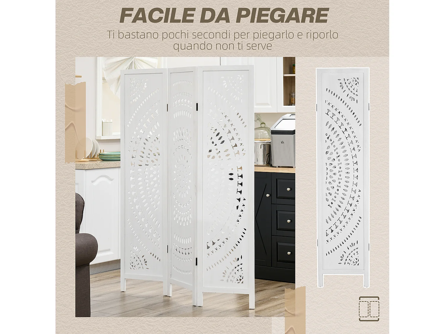 Paravento da interni pieghevole a 3 pannelli in legno bianco