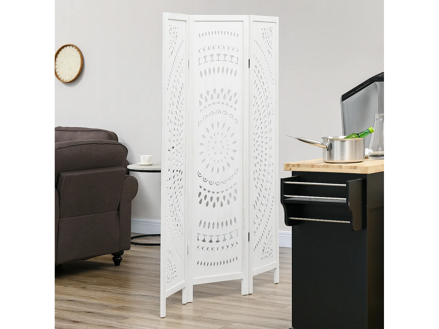 Paravento da interni pieghevole a 3 pannelli in legno bianco