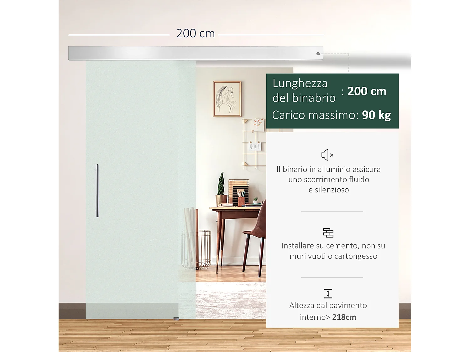 Porta scorrevole vetro satinato 8 mm con maniglia 205x77.5 cm