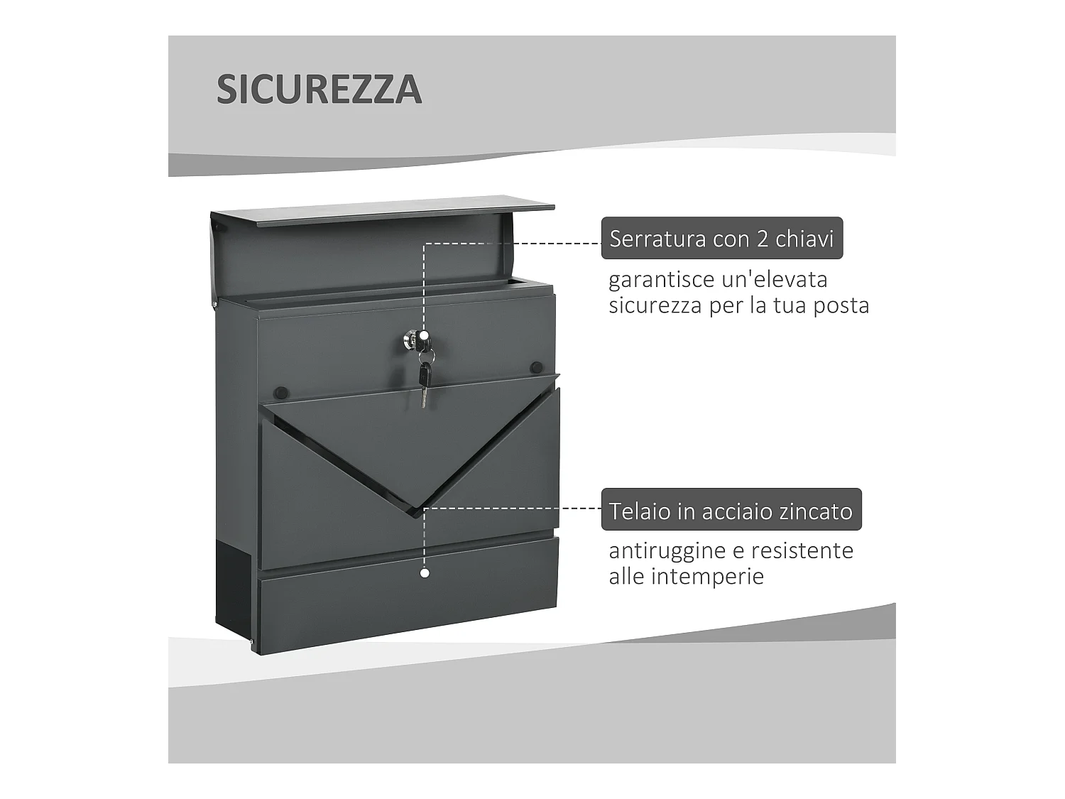 Cassetta postale con portagiornali e chiavi di sicurezza grigio