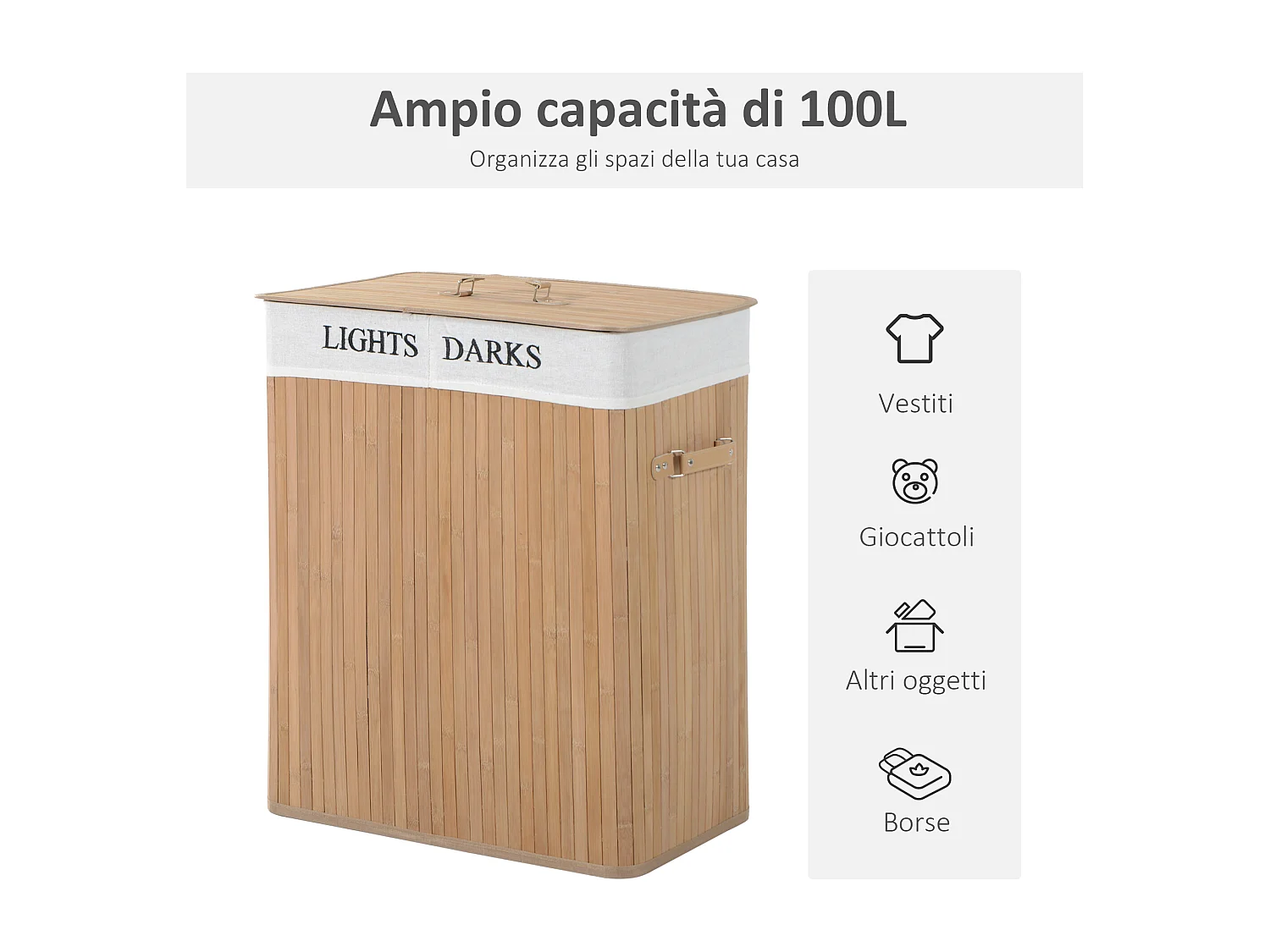 Cesta portabiancheria con coperchio in bambù e tela