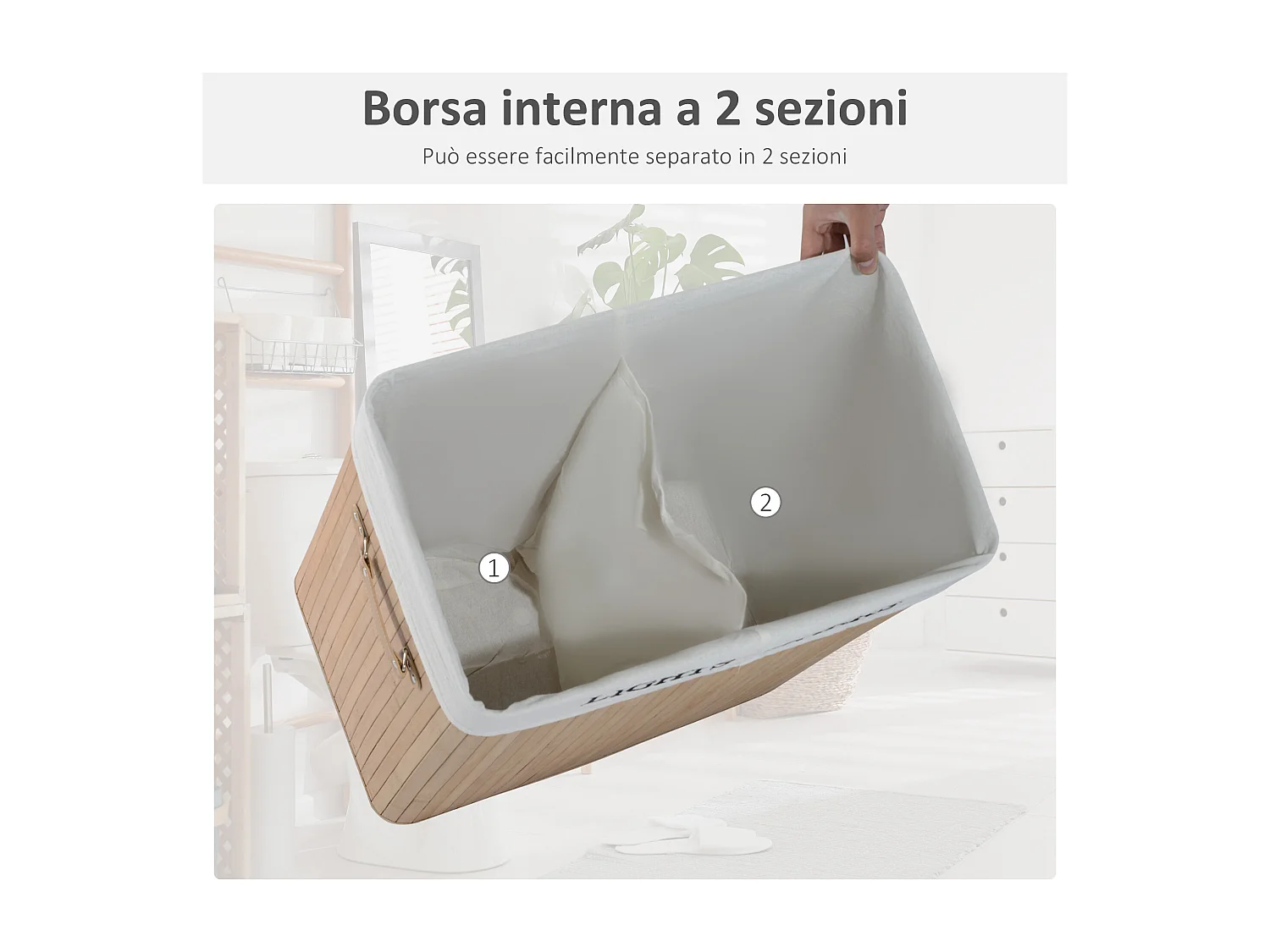 Cesta portabiancheria con coperchio in bambù e tela