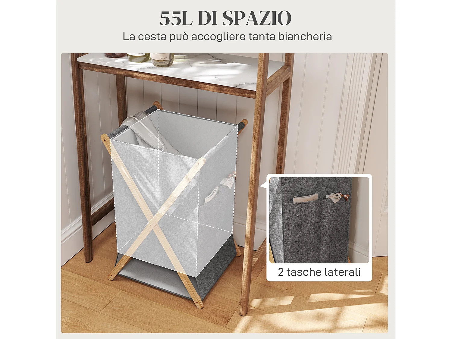 Cesto portabiancheria 55l pieghevole in tessuto e bambù