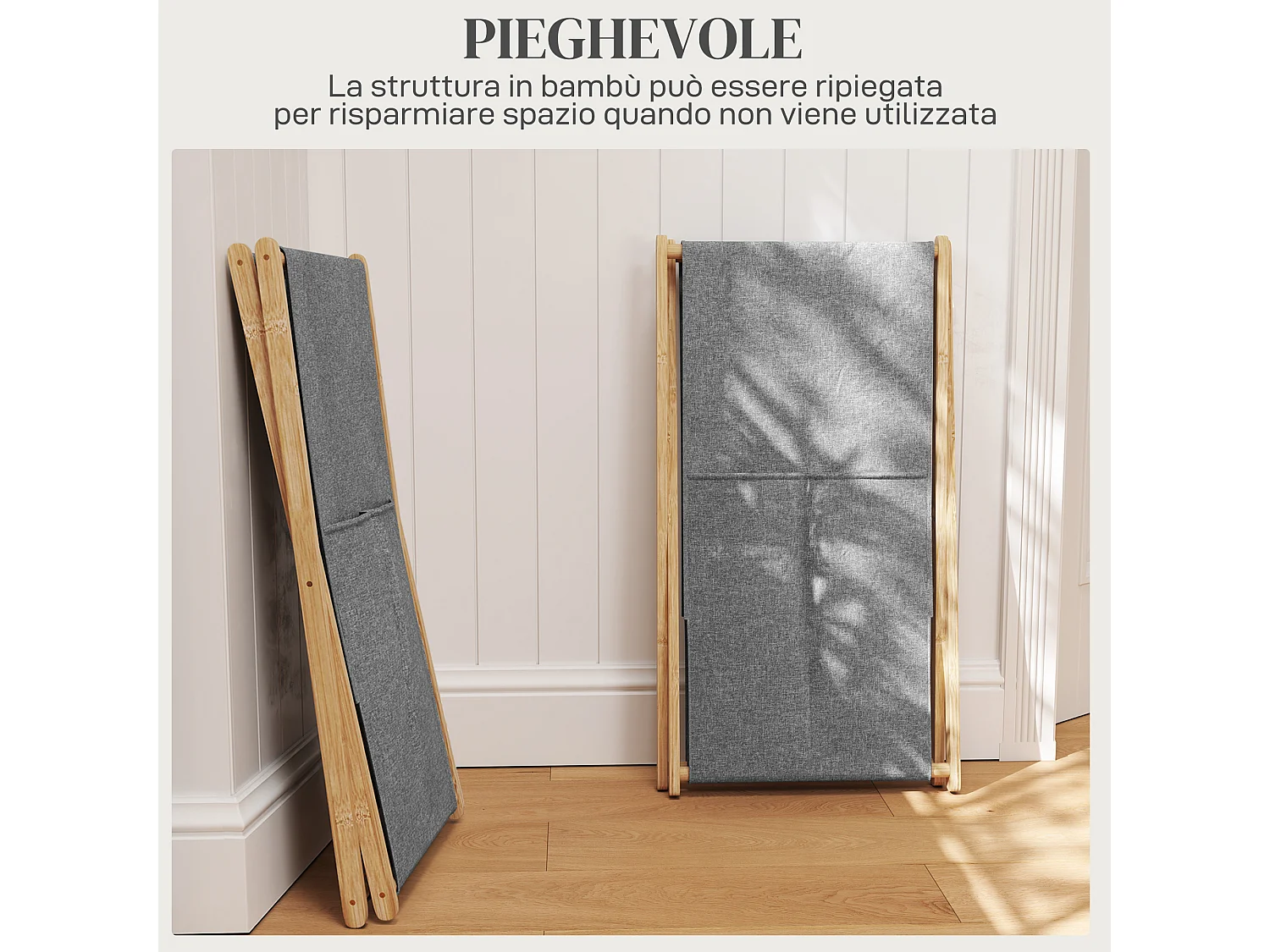 Cesto portabiancheria 55l pieghevole in tessuto e bambù