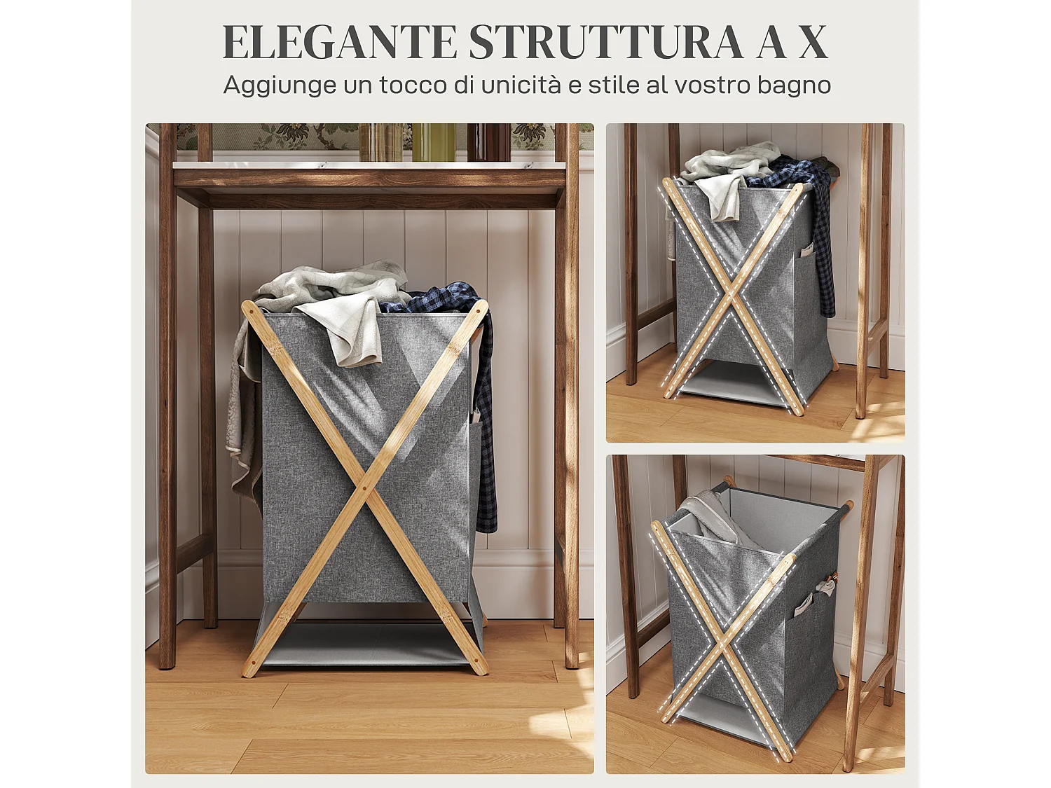 Cesto portabiancheria 55l pieghevole in tessuto e bambù