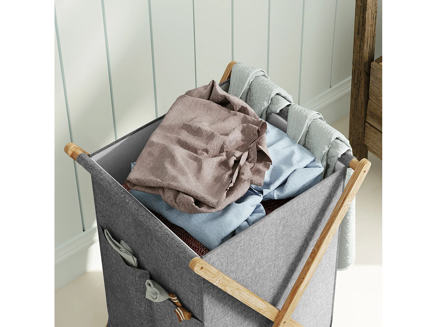 Cesto portabiancheria 55l pieghevole in tessuto e bambù