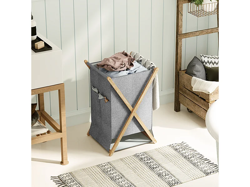Cesto portabiancheria 55l pieghevole in tessuto e bambù