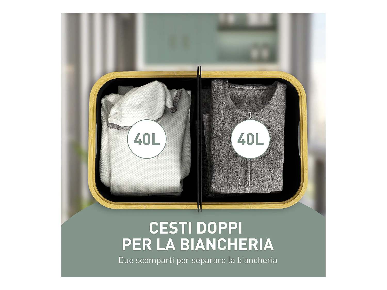 Cesto portabiancheria da 80l con coperchio in tessuto e bambù nero