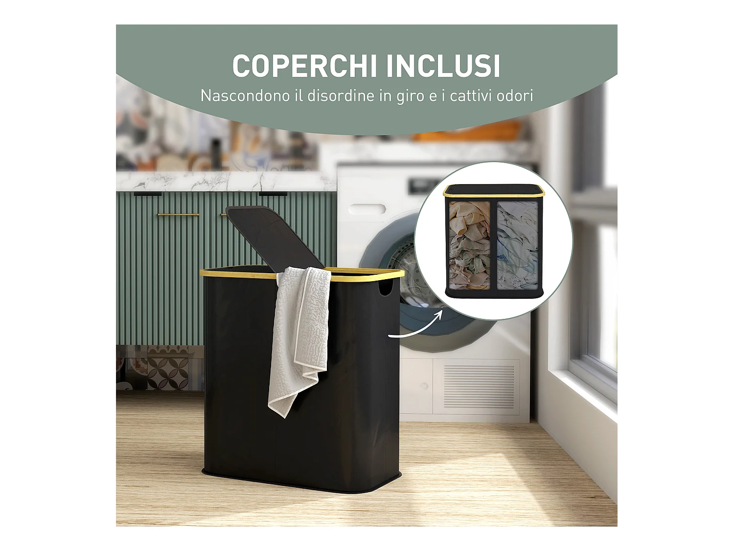 Cesto portabiancheria da 80l con coperchio in tessuto e bambù nero