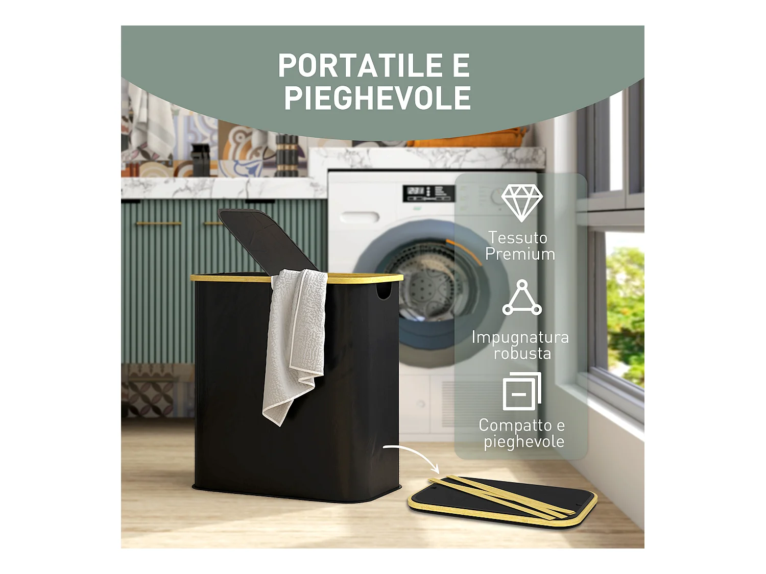 Cesto portabiancheria da 80l con coperchio in tessuto e bambù nero