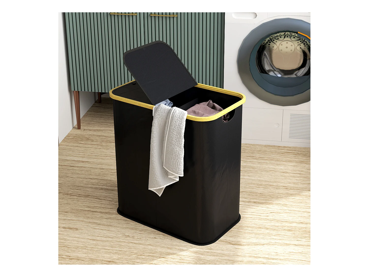 Cesto portabiancheria da 80l con coperchio in tessuto e bambù nero