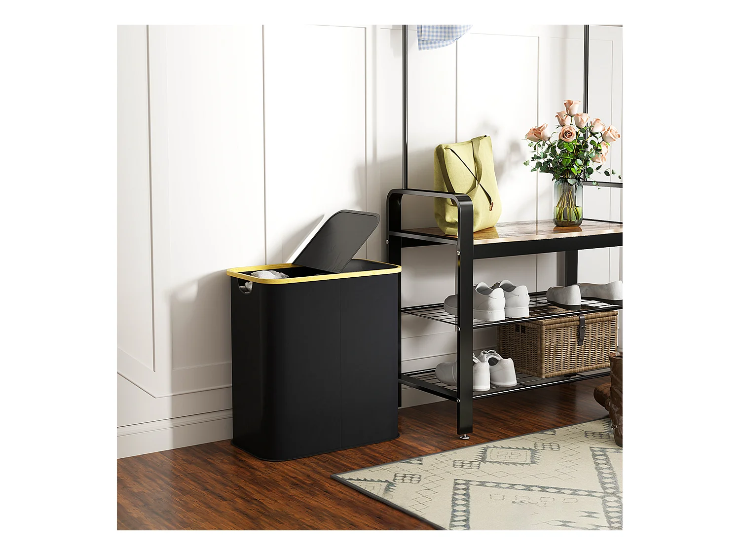 Cesto portabiancheria da 80l con coperchio in tessuto e bambù nero