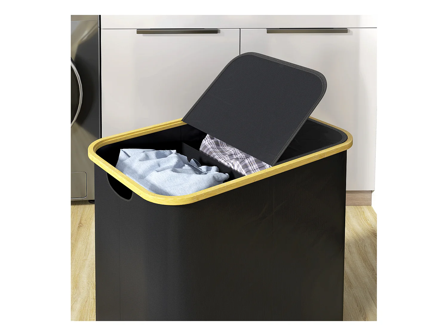 Cesto portabiancheria da 80l con coperchio in tessuto e bambù nero