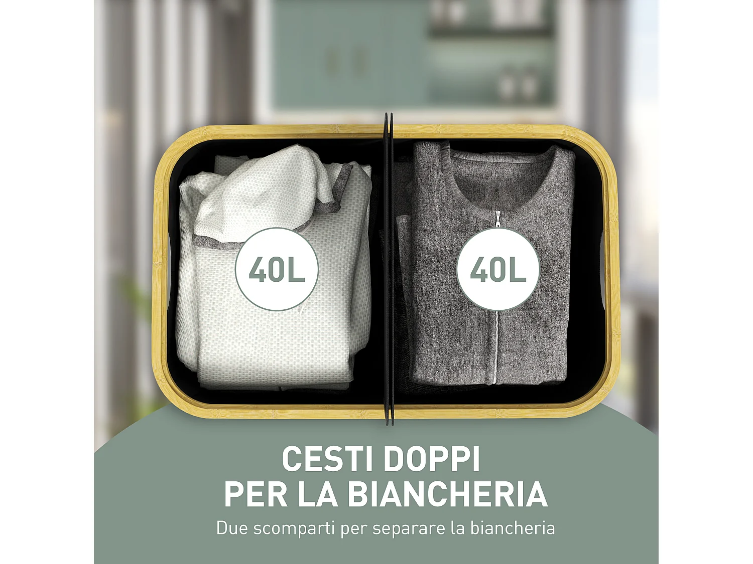 Cesto portabiancheria da 80l con coperchio in tessuto e bambù nero