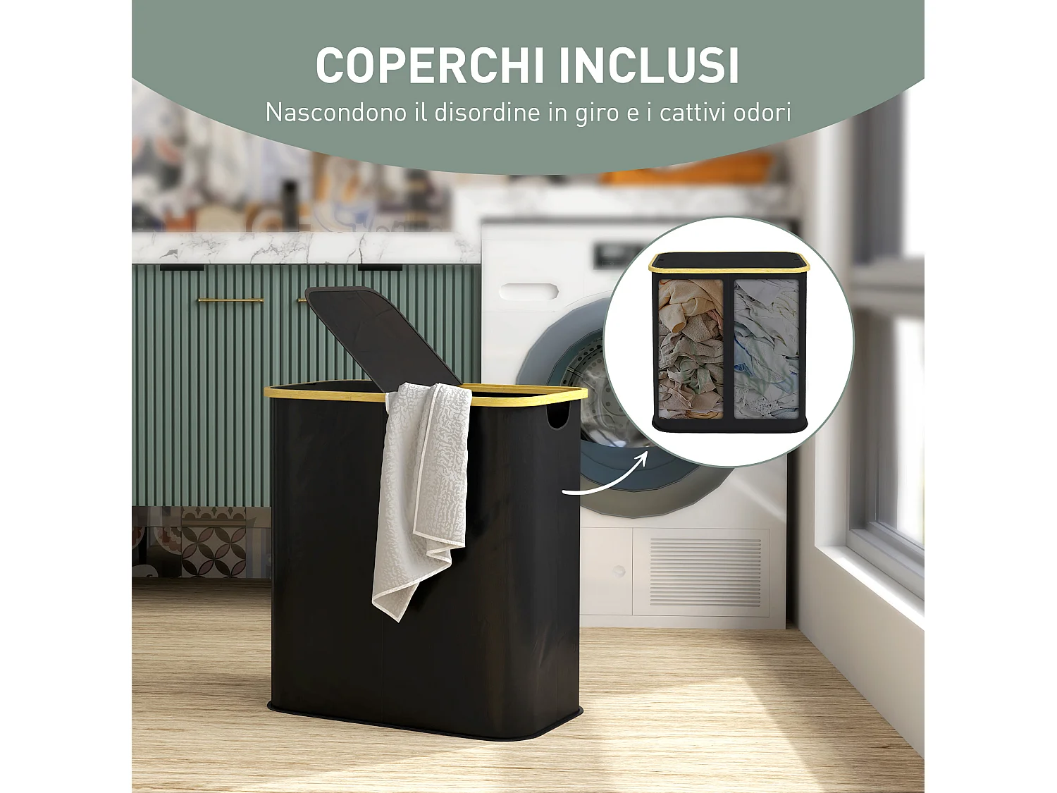 Cesto portabiancheria da 80l con coperchio in tessuto e bambù nero