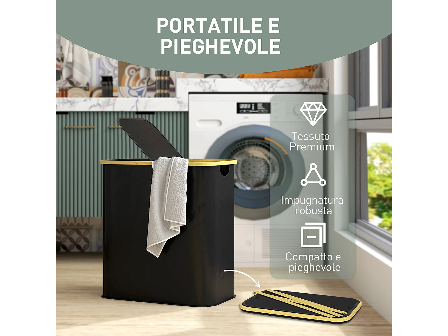 Cesto portabiancheria da 80l con coperchio in tessuto e bambù nero