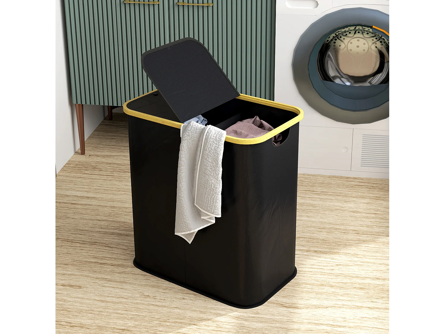 Cesto portabiancheria da 80l con coperchio in tessuto e bambù nero