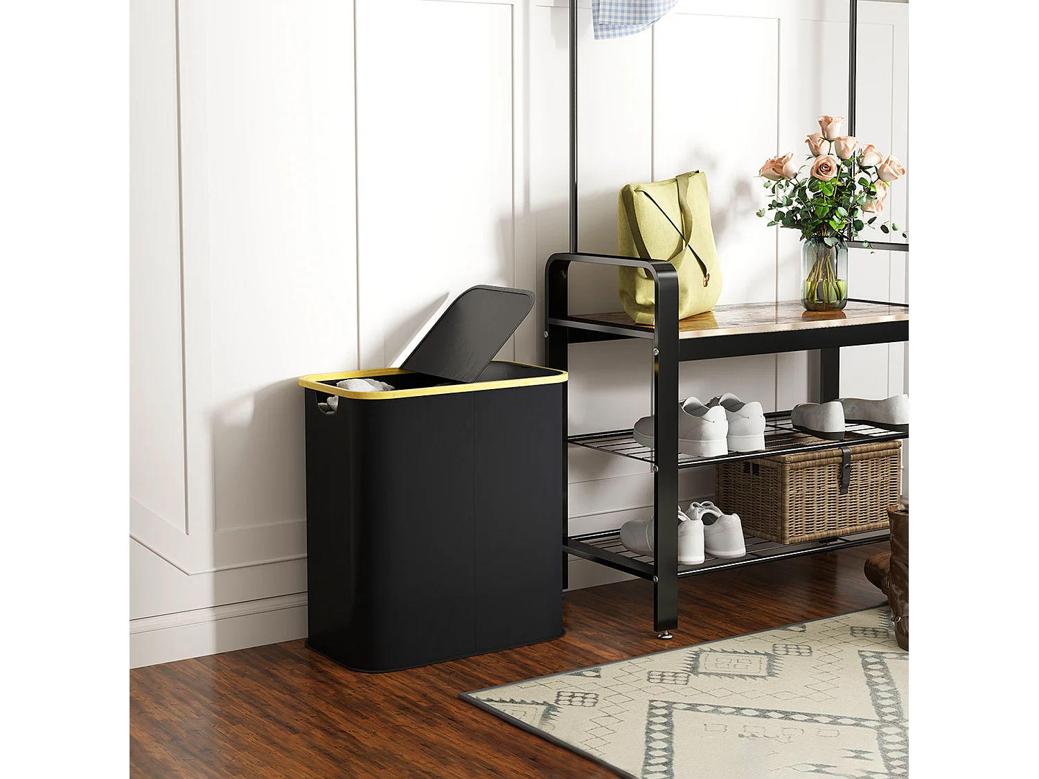 Cesto portabiancheria da 80l con coperchio in tessuto e bambù nero