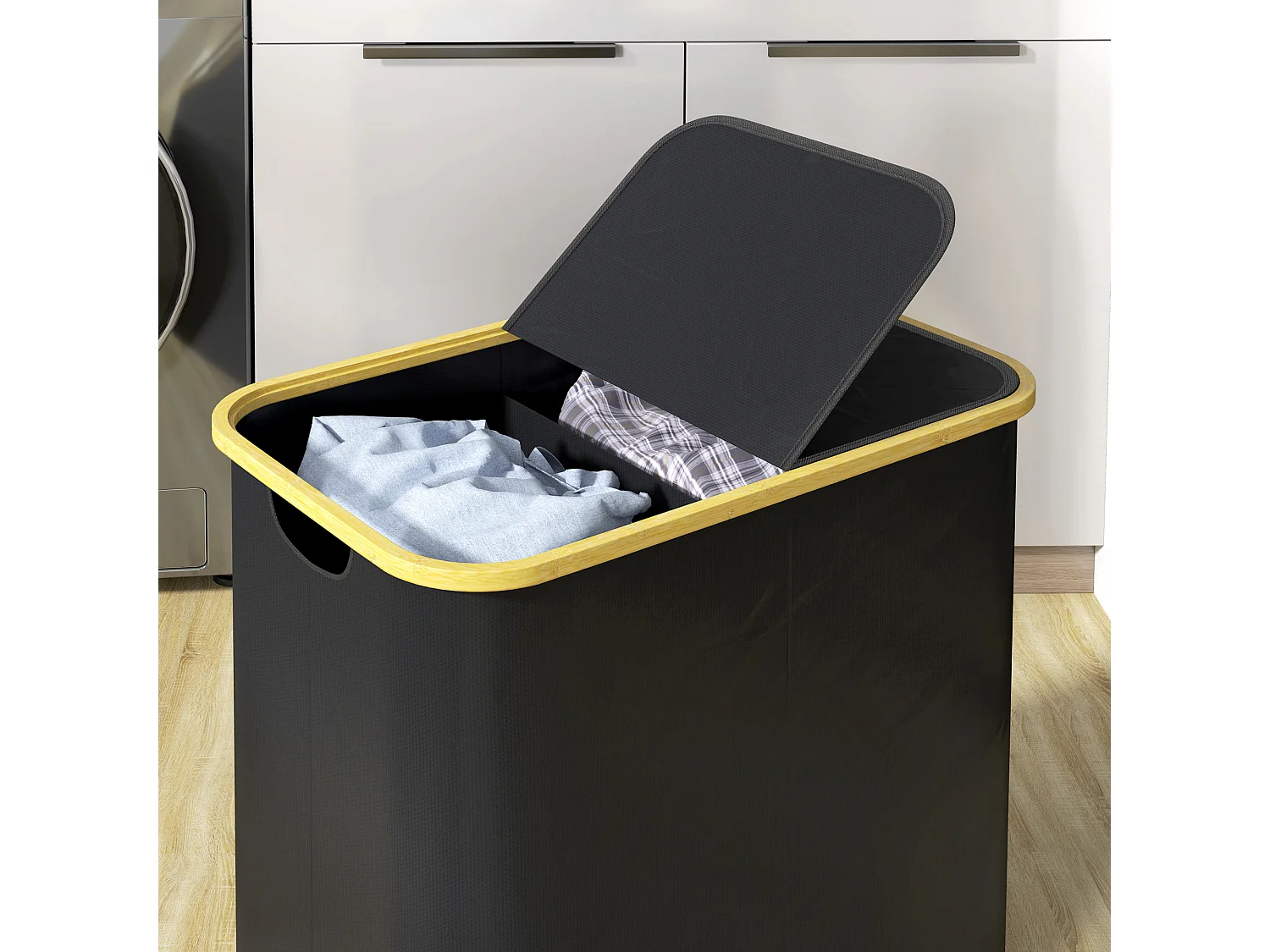 Cesto portabiancheria da 80l con coperchio in tessuto e bambù nero