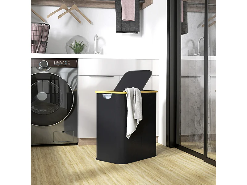 Cesto portabiancheria da 80l con coperchio in tessuto e bambù nero