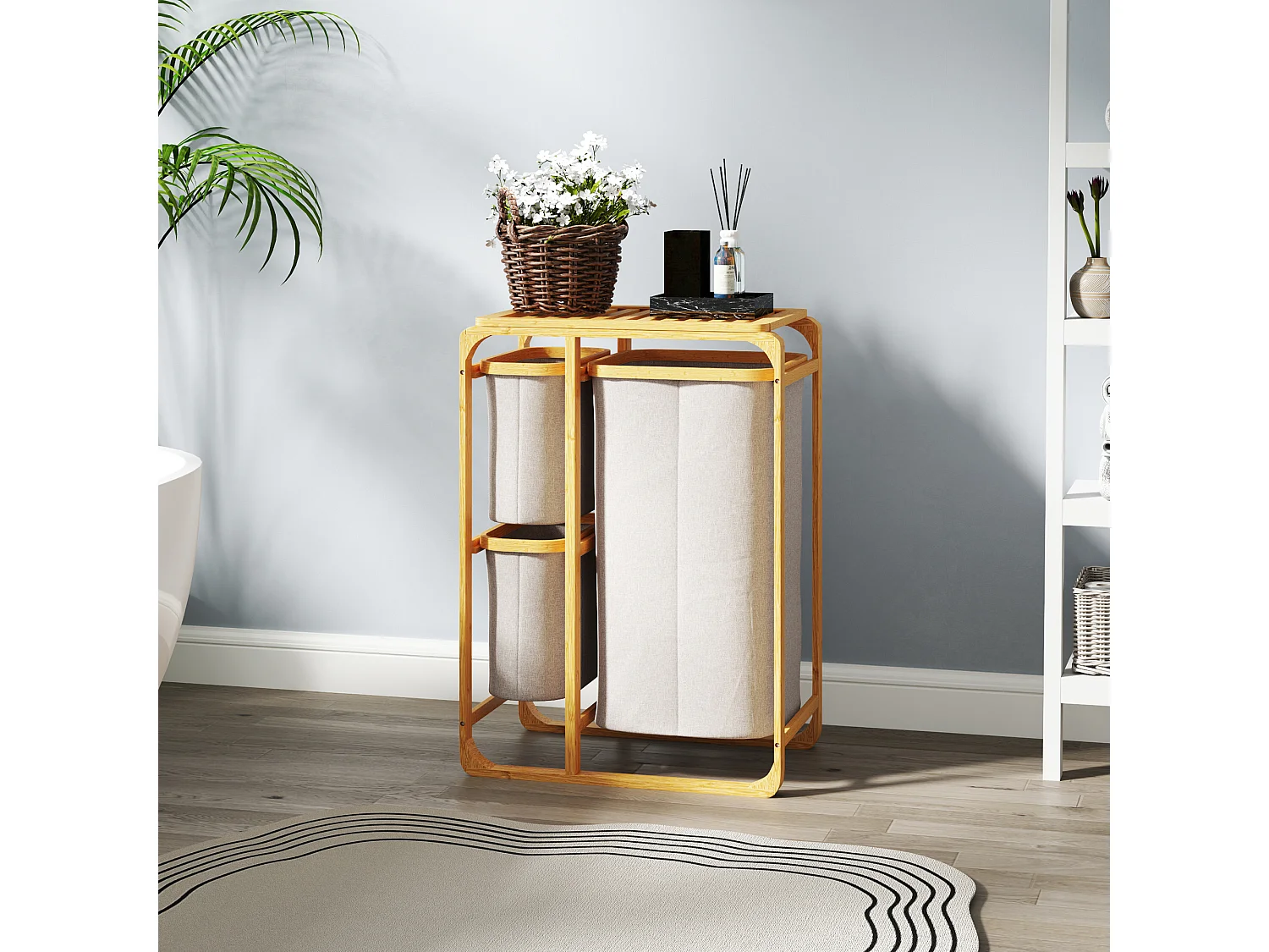 Cestino portabiancheria con 3 sacchi e ripiani estraibili in tessuto