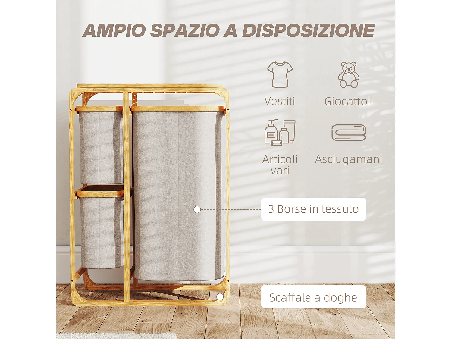 Cestino portabiancheria con 3 sacchi e ripiani estraibili in tessuto