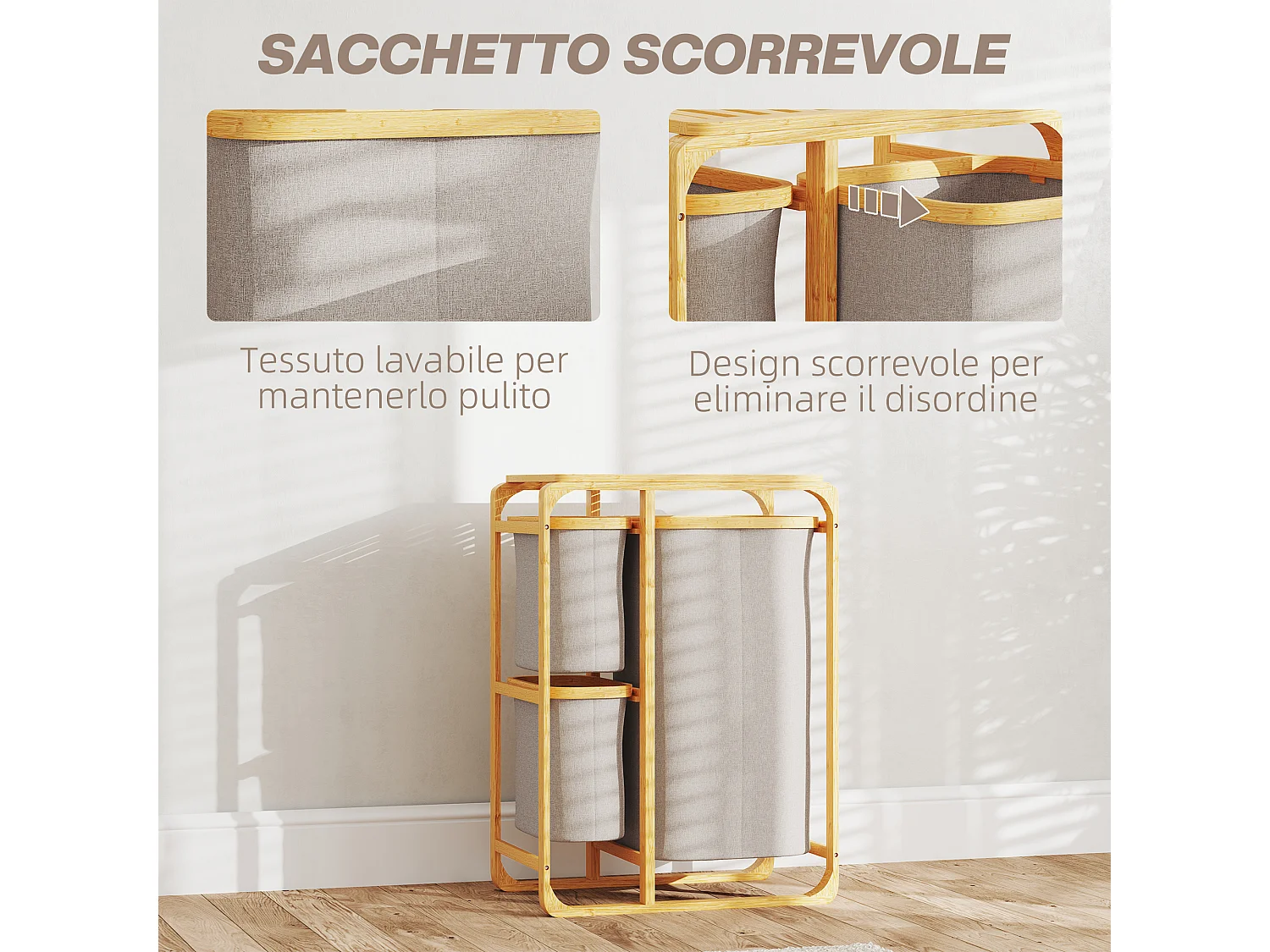Cestino portabiancheria con 3 sacchi e ripiani estraibili in tessuto