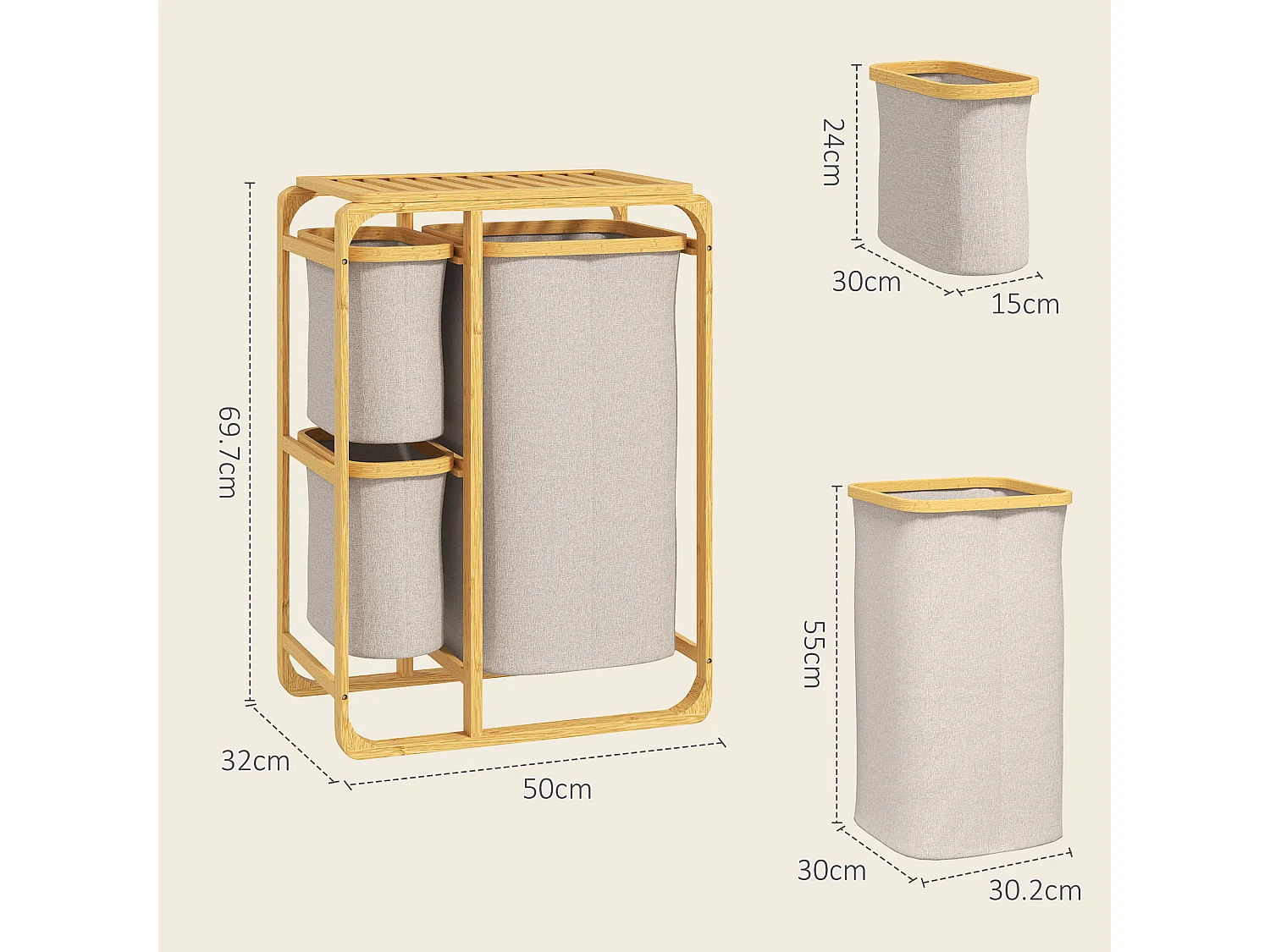 Cestino portabiancheria con 3 sacchi e ripiani estraibili in tessuto