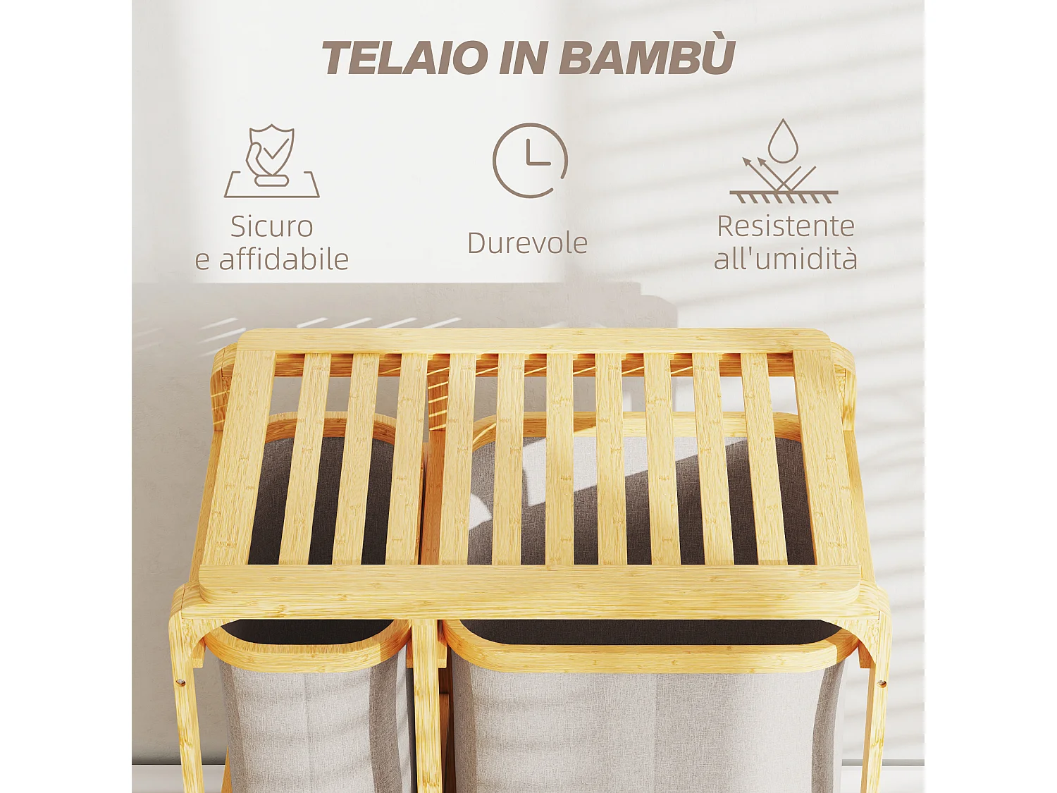 Cestino portabiancheria con 3 sacchi e ripiani estraibili in tessuto