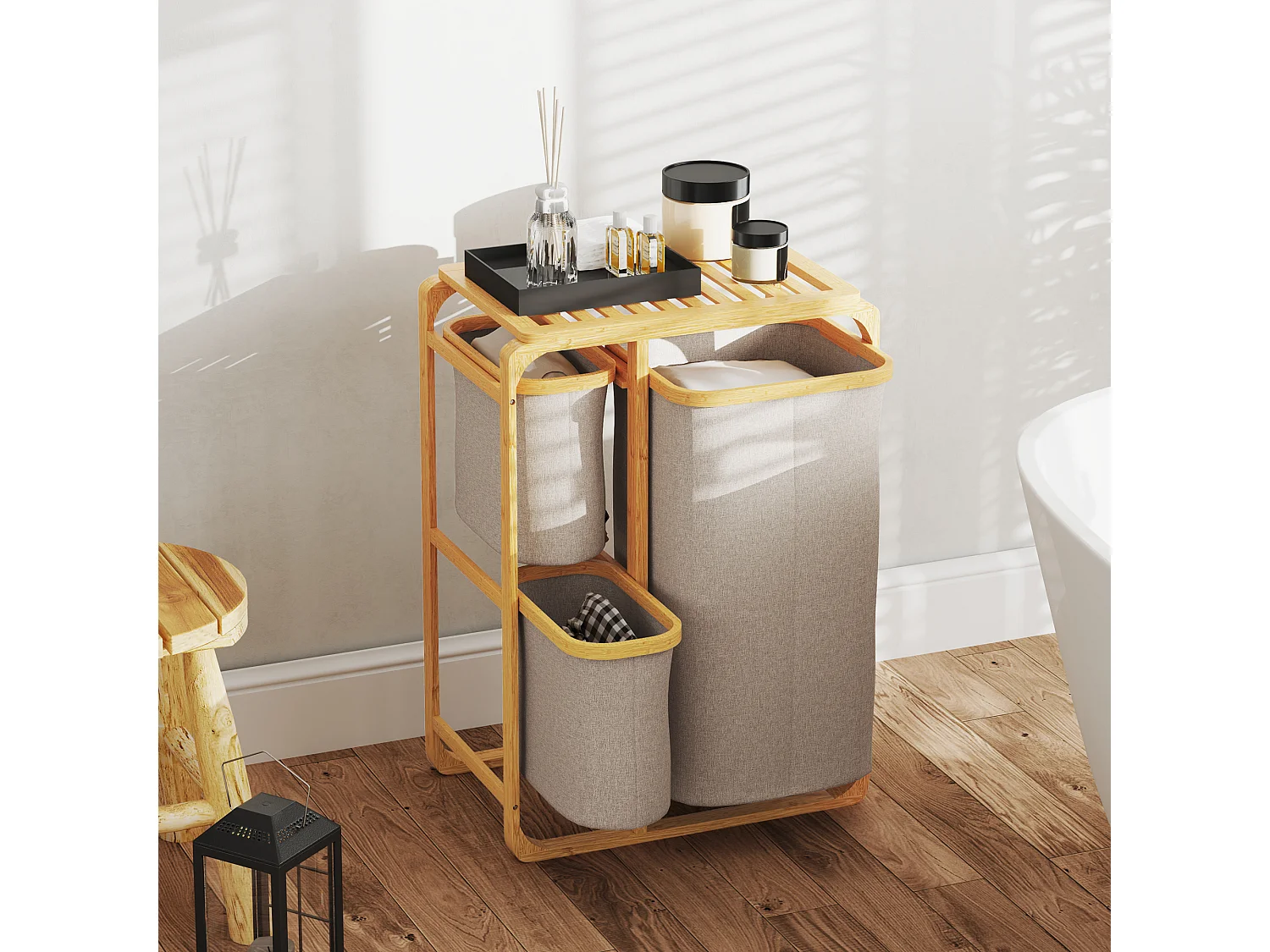 Cestino portabiancheria con 3 sacchi e ripiani estraibili in tessuto