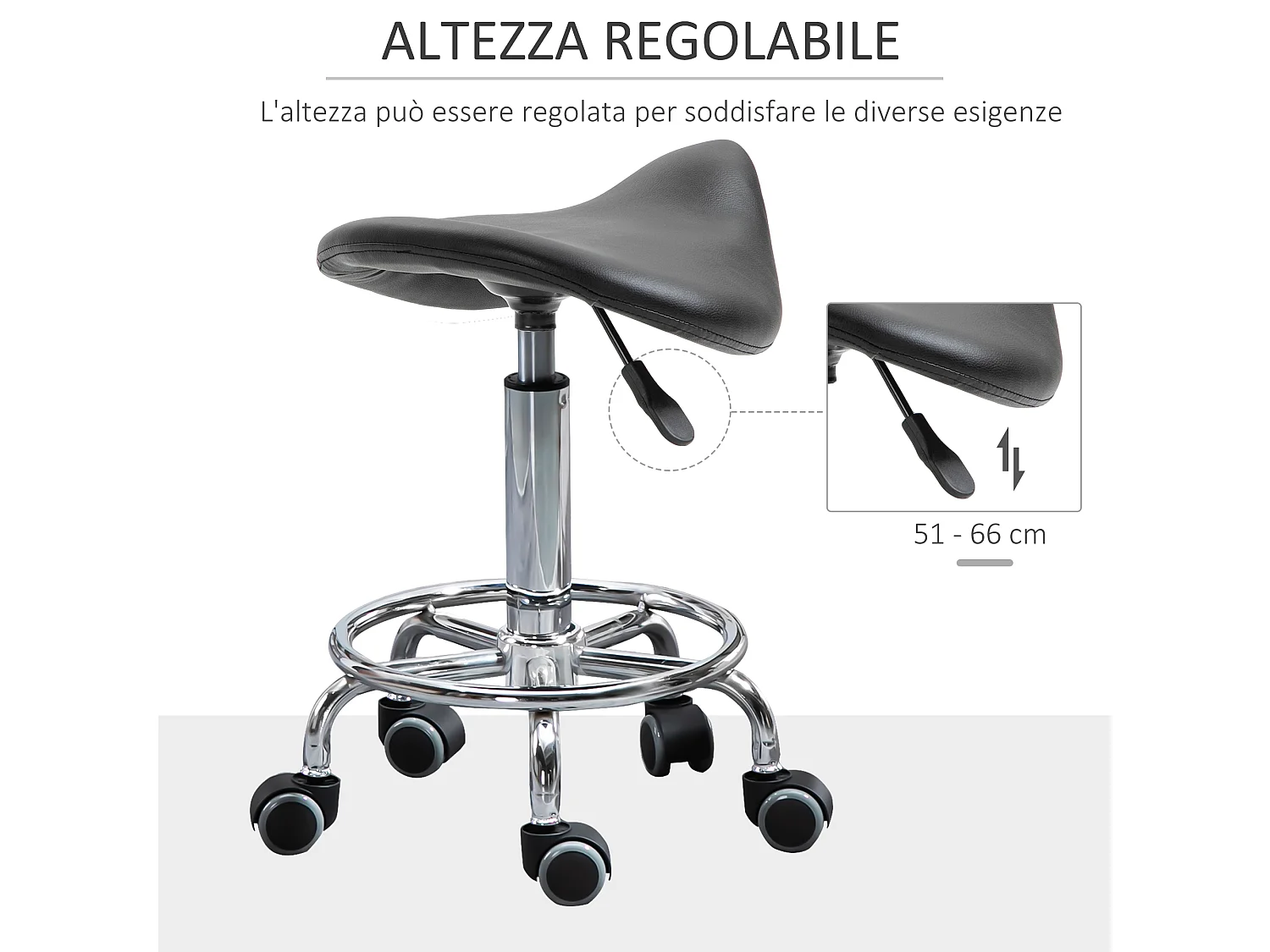 Sgabello imbottito con altezza regolabile e 5 rotelle nero