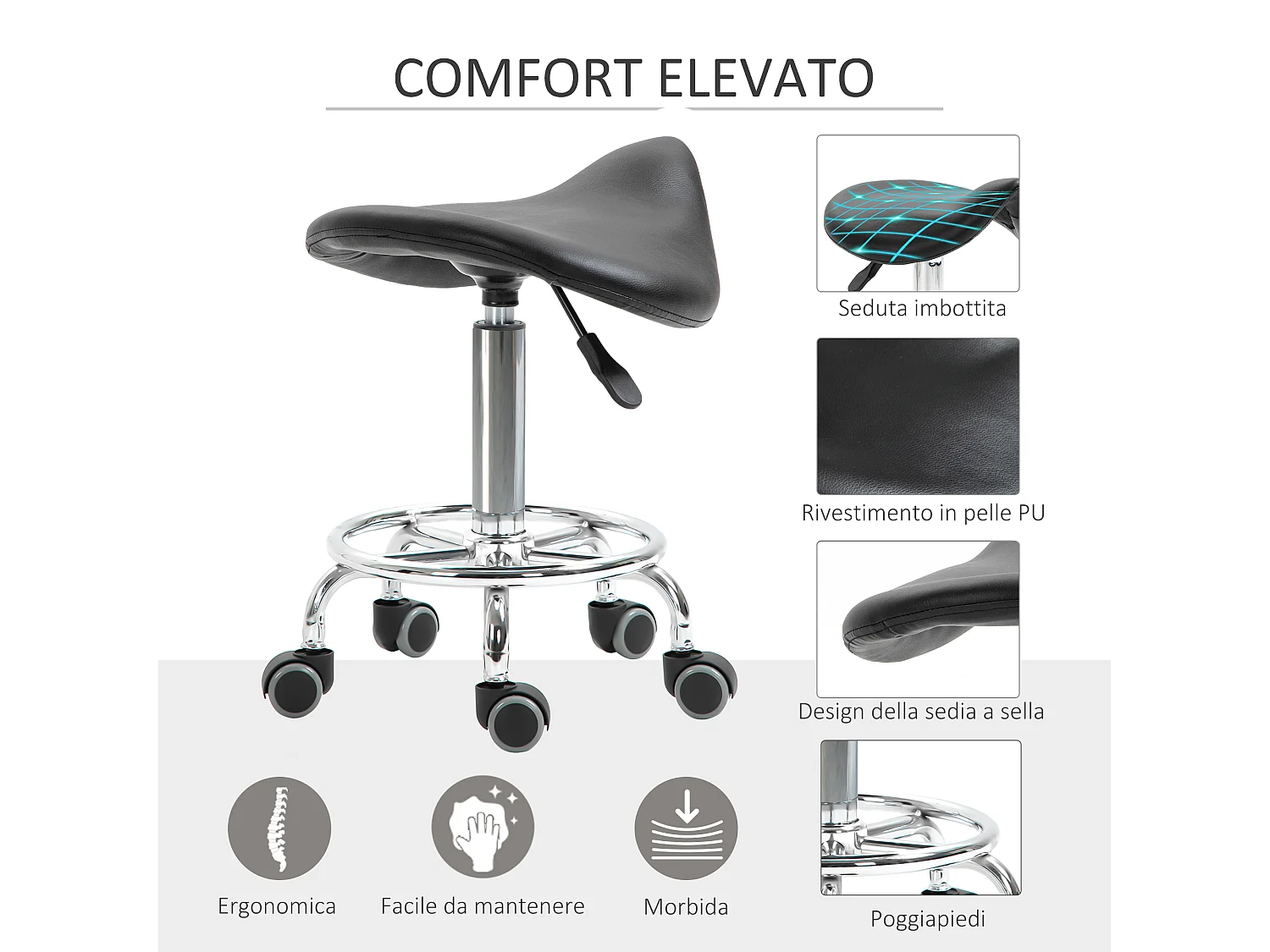 Sgabello imbottito con altezza regolabile e 5 rotelle nero