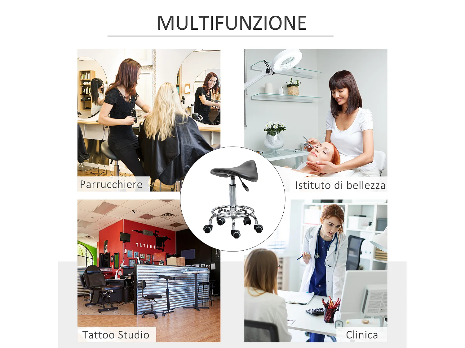 Sgabello imbottito con altezza regolabile e 5 rotelle nero