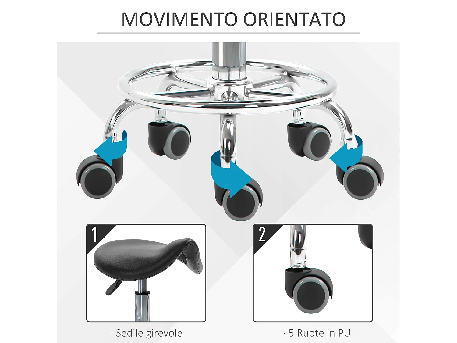 Sgabello imbottito con altezza regolabile e 5 rotelle nero