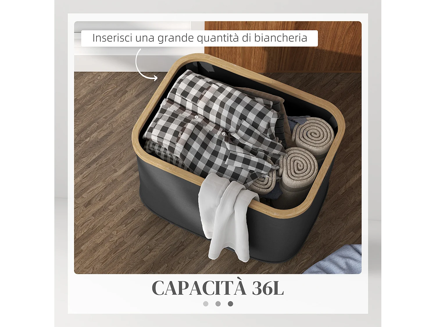 Cesto portabiancheria da 36 litri con maniglie in bambù nero