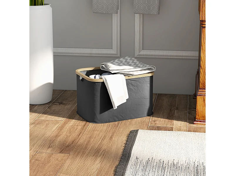 Cesto portabiancheria da 36 litri con maniglie in bambù nero