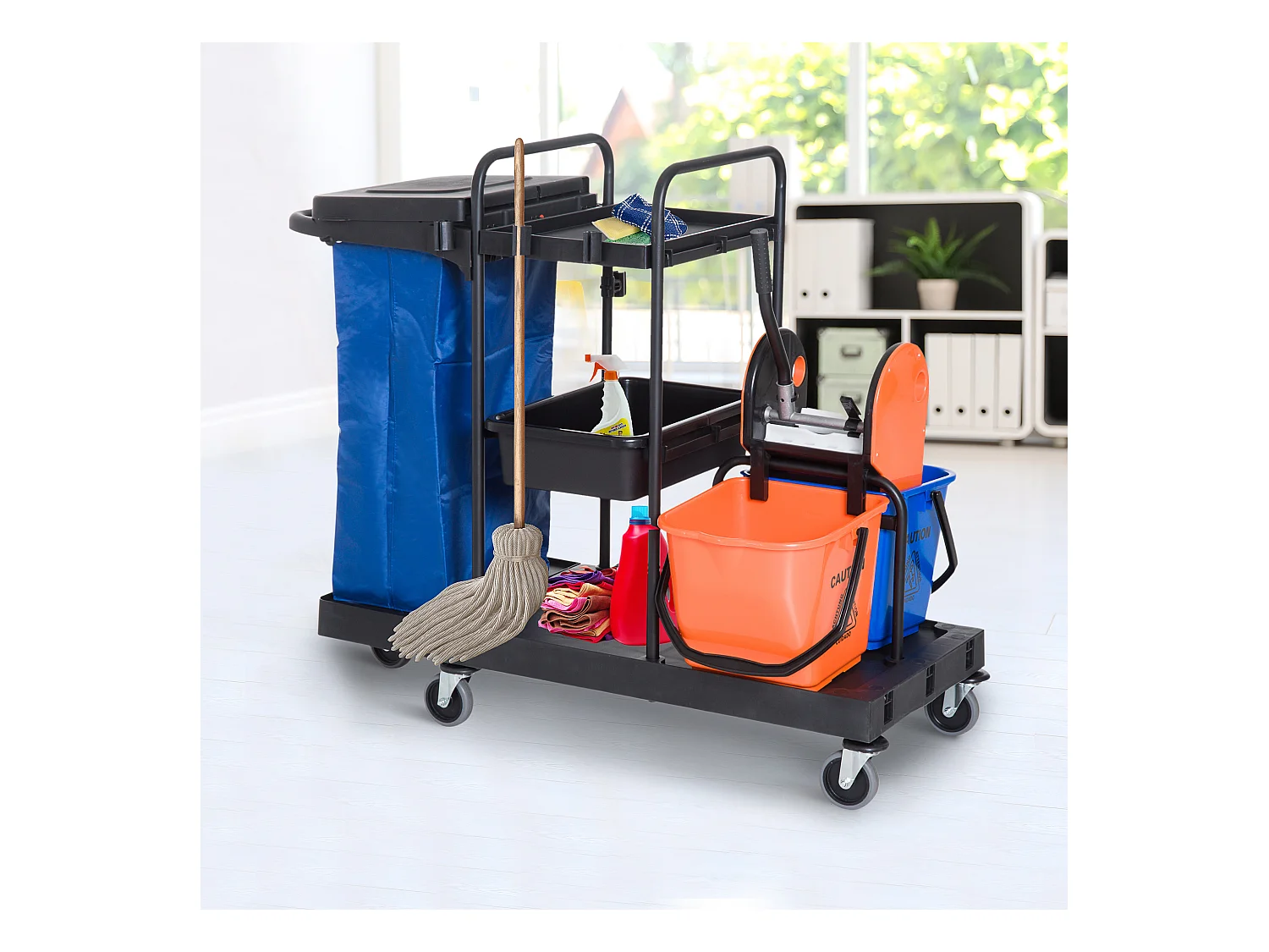 Carrello per Pulizie Professionale a Rotelle con 2 Secchi e Strizzatore