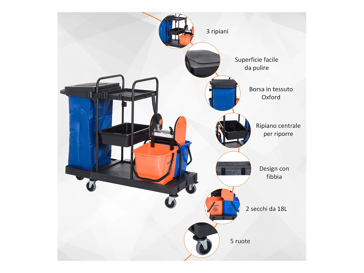 Carrello per Pulizie Professionale a Rotelle con 2 Secchi e Strizzatore