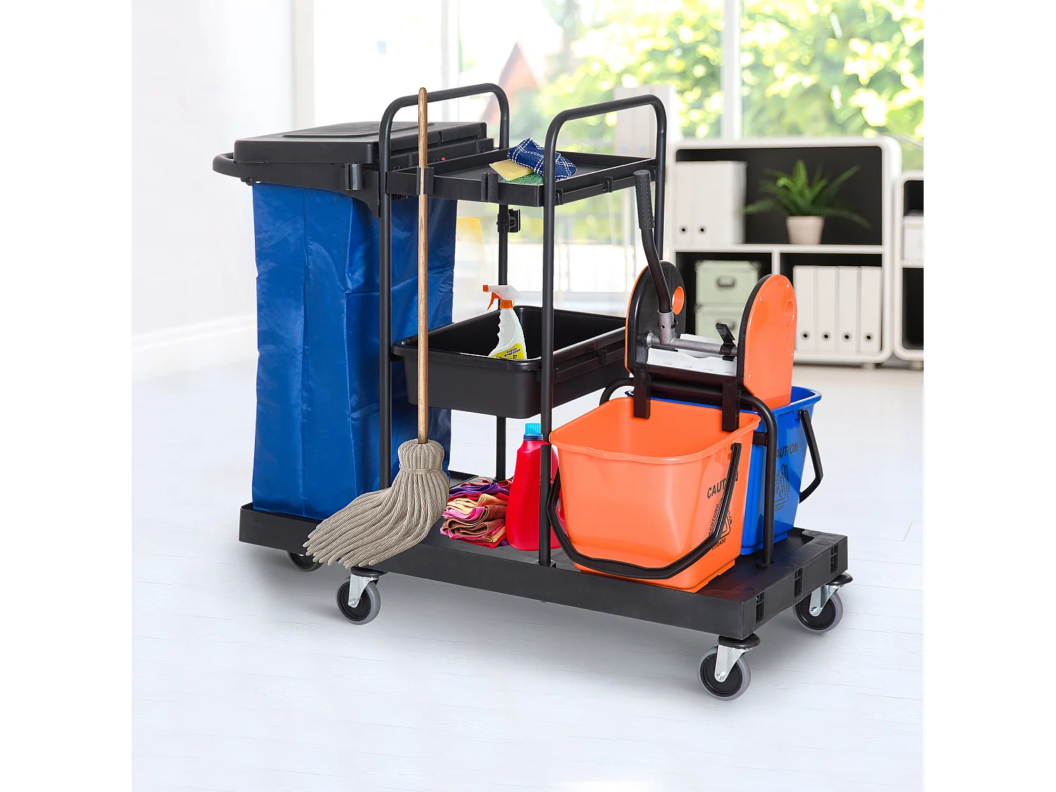 Carrello per Pulizie Professionale a Rotelle con 2 Secchi e Strizzatore