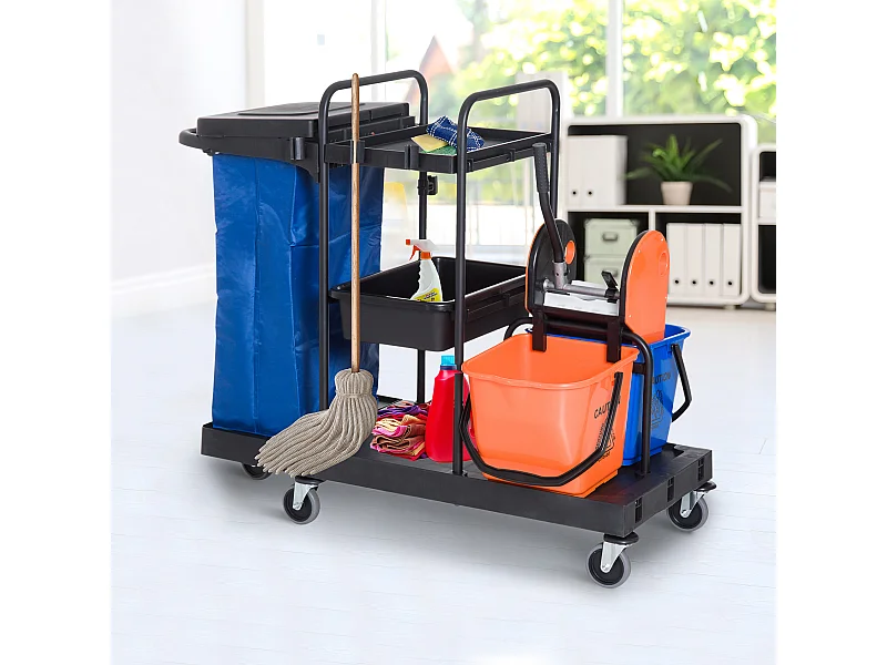 Carrello per Pulizie Professionale a Rotelle con 2 Secchi e Strizzatore