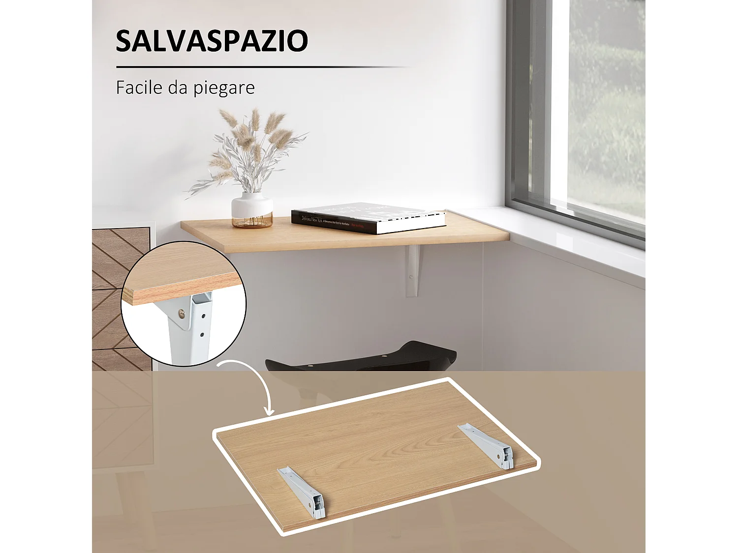 Tavolino a muro pieghevole salvaspazio per studio e cucina