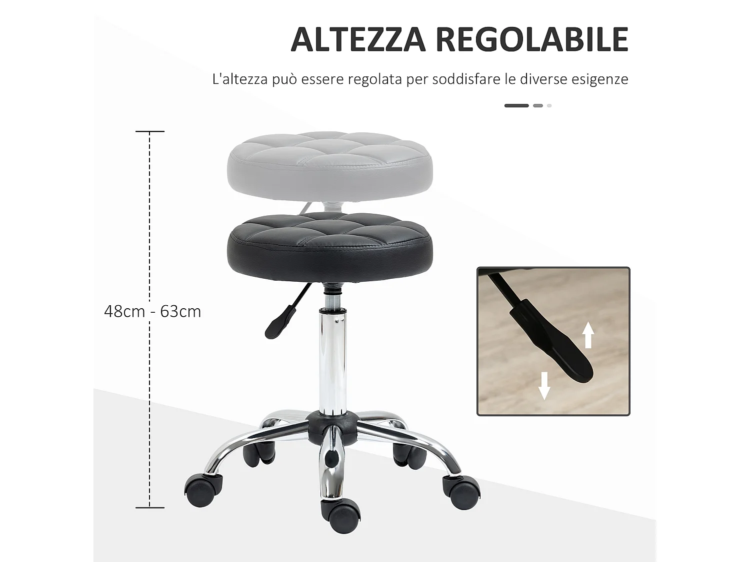 Sgabello girevole rotondo con ruote e altezza regolabile nero