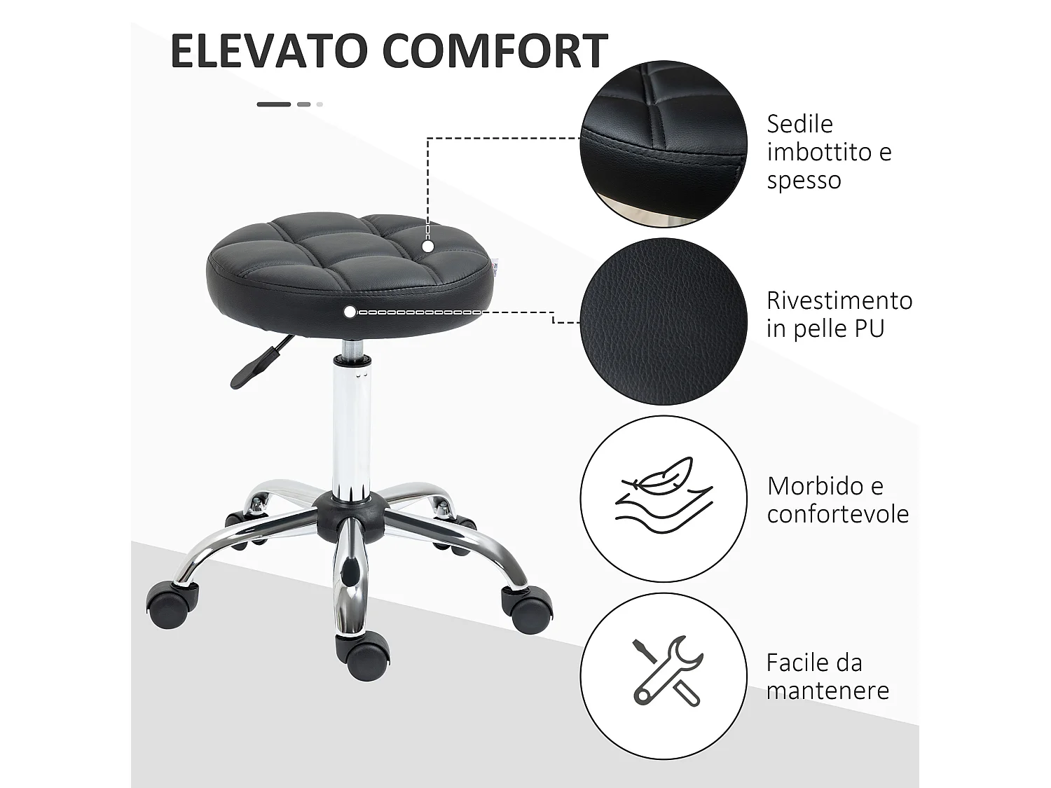 Sgabello girevole rotondo con ruote e altezza regolabile nero